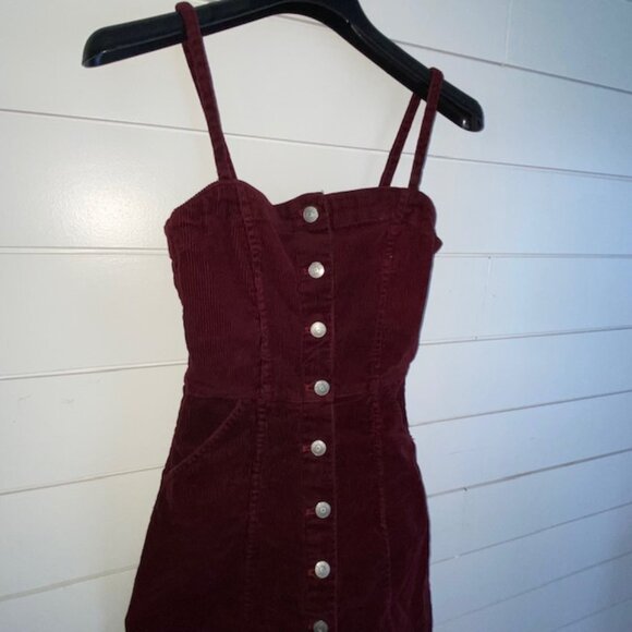 Divided H&M Wine Colored Maroon Jumper Dress Button Down Pockets (XXXS, Fits XS) - Picture 3 of 11